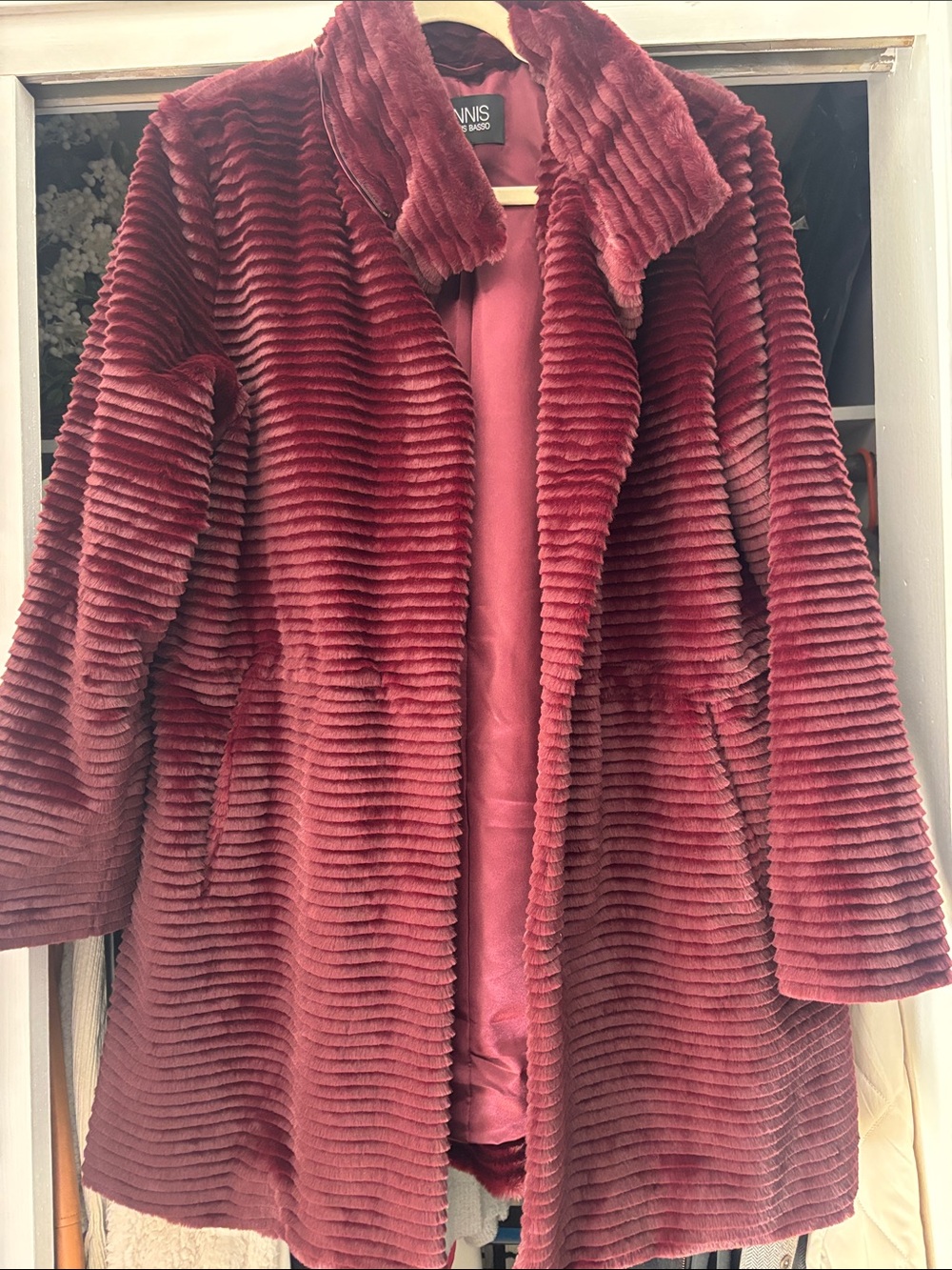 dennis basso Ribbed Faux-Fur Coat in Wine